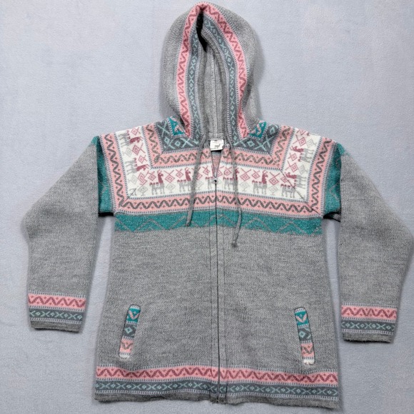 Artesanias Hecho a Mano Other - Boho Artisan Ecuador Llama Wool Knit Zip Up Hoodie Cardigan Jacket Youth 10 Gray